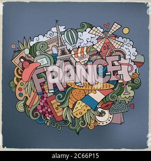 Francia paese caratteri a mano e elementi doodles Illustrazione Vettoriale