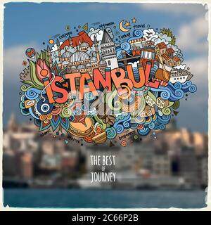 Istanbul caratteri a mano e doodles elementi e simboli emblema Illustrazione Vettoriale