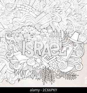 Israele caratteri a mano e doodles elementi sfondo. Illustrazione vettoriale Illustrazione Vettoriale