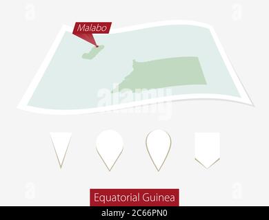 Carta curva della Guinea Equatoriale con capitale Malabo su sfondo grigio. Quattro diversi set di pin della mappa. Illustrazione vettoriale. Illustrazione Vettoriale