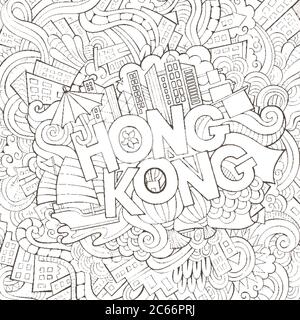 Hong Kong caratteri a mano e doodles elementi sfondo Illustrazione Vettoriale