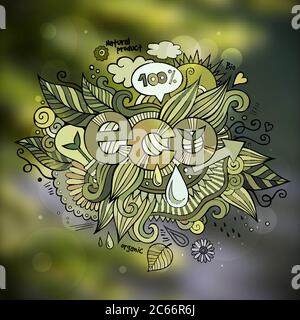 Caratteri a mano ed elementi a doodles ecologici Illustrazione Vettoriale