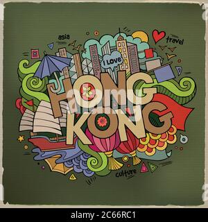 Hong Kong caratteri a mano e doodles elementi sfondo Illustrazione Vettoriale