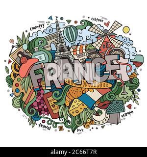 Francia paese caratteri a mano e elementi doodles Illustrazione Vettoriale