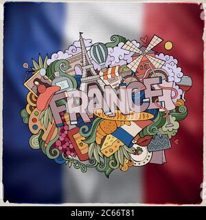 Francia emblema di elementi con lettere a mano e doodles Illustrazione Vettoriale