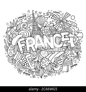 Francia paese caratteri a mano e elementi doodles Illustrazione Vettoriale