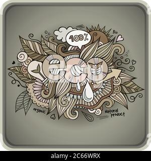Caratteri a mano ed elementi a doodles ecologici Illustrazione Vettoriale