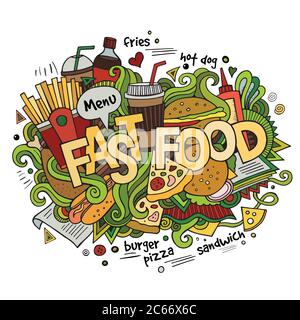 Fast food caratteri a mano e noodles elementi sfondo Illustrazione Vettoriale