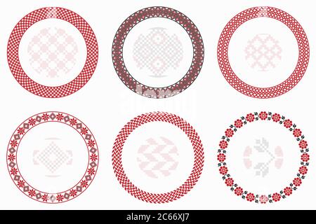 Set di motivi geometrici rotondi slavi. Bordi, cornici. Illustrazione vettoriale di elementi ornamentali rotondi in slavo con pennelli a motivo senza cuciture Illustrazione Vettoriale