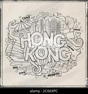 Hong Kong caratteri a mano e doodles elementi sfondo Illustrazione Vettoriale