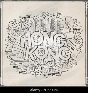 Hong Kong caratteri a mano e doodles elementi sfondo Illustrazione Vettoriale