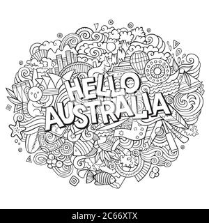 Cartoon carino doodles mano disegnata Ciao Australia iscrizione Illustrazione Vettoriale