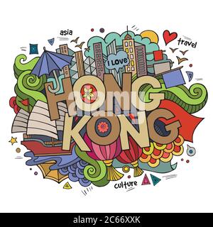 Hong Kong caratteri a mano e doodles elementi sfondo Illustrazione Vettoriale