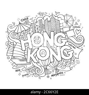 Hong Kong caratteri a mano e doodles elementi sfondo Illustrazione Vettoriale