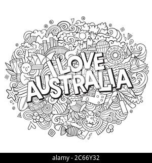 Cartoon carino doodles mano disegnata i Love Australia iscrizione Illustrazione Vettoriale