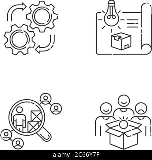 Set di icone lineari pixel Perfect per processi industriali. Concept di prodotto, prototipo, selezione del fornitore simboli personalizzabili di contorno a linee sottili. VEC. Isolata Illustrazione Vettoriale