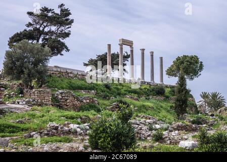 Resti di strada colonnata romana accanto al castello crociato a Byblos, la più grande città del Governatorato del Libano Monte Foto Stock