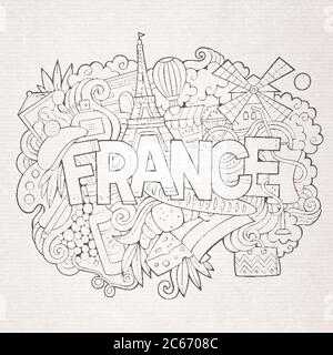 Francia paese caratteri a mano e elementi doodles Illustrazione Vettoriale