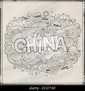 Cina caratteri a mano e doodles elementi sfondo Illustrazione Vettoriale