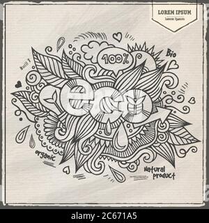 Caratteri a mano ed elementi a doodles ecologici Illustrazione Vettoriale