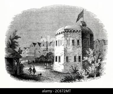 Una vecchia incisione di Paris Garden, Southwark, Londra, Inghilterra, UK c 1600. Il teatro è il Beargarden (o Bear Pit). Fu usato per il bataggio degli orsi, il bataggio dei tori e altri 'intrattenimenti' che coinvolgeva animali dall'epoca elisabettiana al periodo della Restaurazione Inglese. Il Beargarden era una struttura aperta rotonda o poligonale, paragonabile ai teatri costruiti a Londra e intorno alla metà del 1500. Si trova a Bankside, di fronte alla City di Londra, sulla riva sud del Tamigi a Southwark. Foto Stock