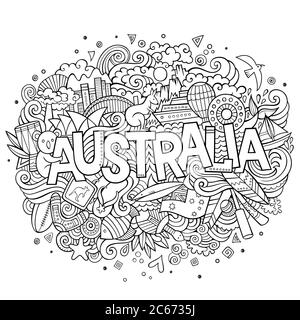 Elementi con lettere e doodles a mano in Australia Illustrazione Vettoriale