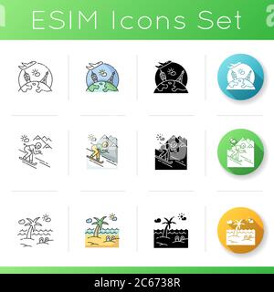 Set di icone turistiche. Stili di colore lineare, nero e RGB. Viaggi internazionali, riposo sulla spiaggia e stazione sciistica. Diversi tipi di ricreazione e turistico a. Illustrazione Vettoriale