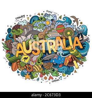 Elementi con lettere e doodles a mano in Australia Illustrazione Vettoriale