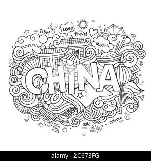 Cina caratteri a mano e doodles elementi sfondo Illustrazione Vettoriale