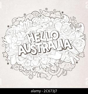 Cartoon carino doodles mano disegnata Ciao Australia iscrizione Illustrazione Vettoriale