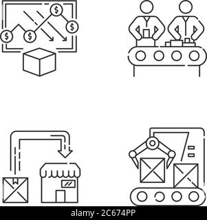 Set di icone lineari Perfect pixel per la produzione. Analisi dei costi, assemblaggio dei prodotti, linea di produzione simboli personalizzabili di contorno a linee sottili. Isolat Illustrazione Vettoriale