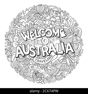 Cartoon carino doodles disegnati a mano Benvenuti in Australia iscrizione Illustrazione Vettoriale