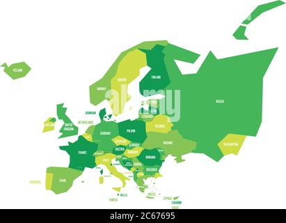 Mappa politica infografica dell'Europa molto semplificata in uno schema a colori verdi. Semplice illustrazione geometrica vettoriale. Illustrazione Vettoriale