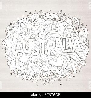 Elementi con lettere e doodles a mano in Australia Illustrazione Vettoriale