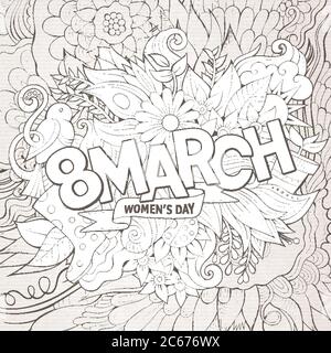 Cartoon carino doodles mano disegnata 8 marzo iscrizione. Illustrazione Vettoriale