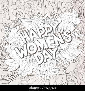 Cartoon carino doodles mano disegnata felice Womens Day iscrizione Illustrazione Vettoriale
