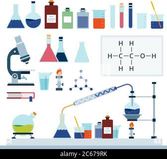 Set di illustrazioni vettoriali piatte per laboratorio chimico. Illustrazione Vettoriale