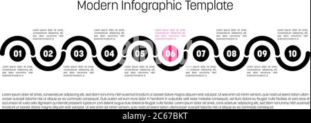 diagramma infografico moderno di processo a 10 fasi. Modello grafico di cerchi e onde. Concetto aziendale di 10 passi o opzioni. Elemento vettoriale dal design moderno in nero con passo evidenziato in rosa. Illustrazione Vettoriale