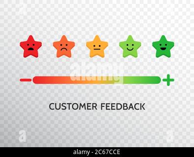 Simbolo cliente soddisfatto. Feedback design con sfondo scala emozioni. Concetto di soddisfazione del rating. Insieme di icone di feedback in forma di stelle di emozioni per Illustrazione Vettoriale