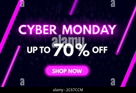 Banner di vendita Cyber Monday in stile neon alla moda. Acquista subito concept. Pubblicità notturna degli sconti di vendita del Cyber Monday. Sig. Luminoso viola chiaro Illustrazione Vettoriale