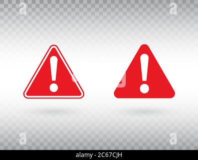 Set di simboli di avvertenza. Punto esclamativo in triangoli rossi. Pulsante attenzione isolato su sfondo trasparente. Segnale di avvertenza. Icona con punto esclamativo nella Fla Illustrazione Vettoriale