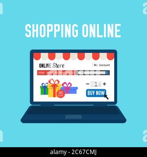 Negozio online. Shopping online. Concetto di shopping e-commerce. Mercato del nastro piatto colorato isolato su blu. Design per poster banner mobili sito web. Illustrazione Vettoriale