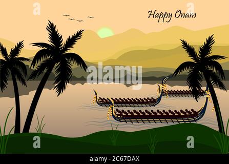 Happy Onam un festival molto famoso dell'india del sud. Kathakali Abstract Face Design o trucco mano annegato linee minime Illustrazione Vettoriale