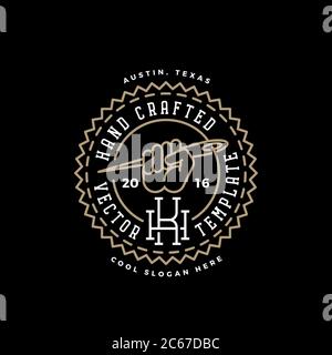 Modello con logo vettoriale retrò Abstract artigianale. Fist con simbolo dell'ago, Filettatura e tipografia vintage. Illustrazione Vettoriale