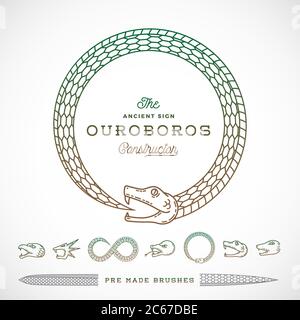 Vettore astratto Infinite Ouroboros simbolo serpente, segno o costruttore di Logo in stile linea. Code per fare Brush di loro. Cinque capi diversi e due Illustrazione Vettoriale
