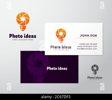 Modello o mock-up di biglietti da visita con logo vettoriale astratto. Simbolo di concetto di otturatore e lampadina. Icona diaframma. Segno fotografico. Tipografia moderna Illustrazione Vettoriale