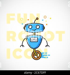 Simpatico robot di divertimento illustrazione. Stile contorno piatto. Simbolo della tecnologia. Science Sign in colori brillanti. Illustrazione Vettoriale