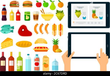 Set di icone online dei prodotti online vettore piatto Illustrazione Vettoriale