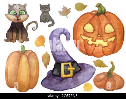 Halloween Holiday cute illustrazioni set di disegni - gatto nero, zucca arancione, cappello viola strega, Jack Lantern. Disegno manuale di acquerello. Isolato Foto Stock