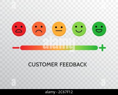 Feedback design con sfondo scala emozioni. Concetto di soddisfazione del rating. Insieme di icone di feedback sotto forma di emozioni per app mobile e web. Eccelle Illustrazione Vettoriale